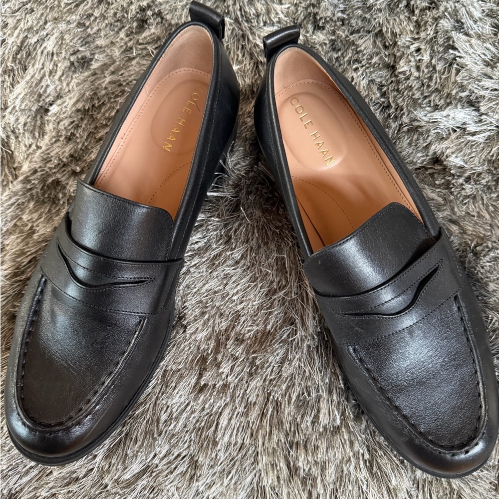 Cole Haan Black Leather Penny Loafers with Tan Insoles